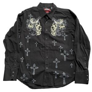 Y2K Rock & Roll Cowboy Crosses Grunge Punk Cyber Casual Button Shirt Size Large
